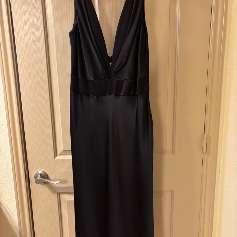 Black Silk Deep V Body Skimming Midi Dress